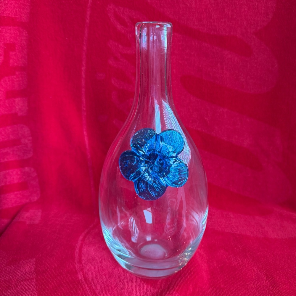 Glass Vase with Blue Floral Accent Embellishment Flower Gift Bride Mother Clear